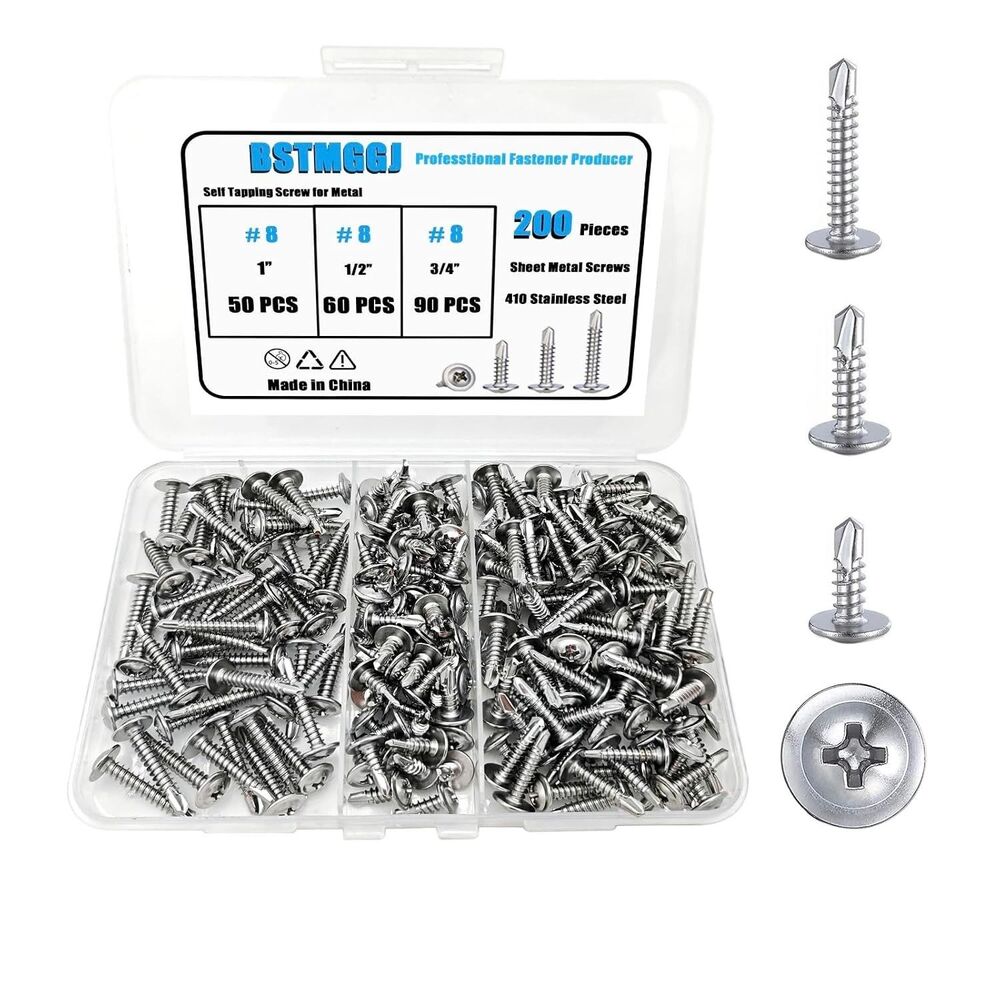 200Pc #8 Self Tapping Sheet Metal Screws 410 Stainless Steel Assortment Kit